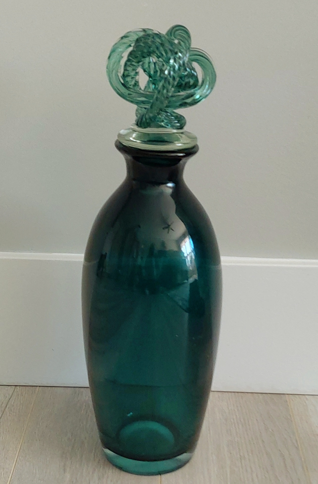 Teal Glass Decanter with Intricate Knot Detail