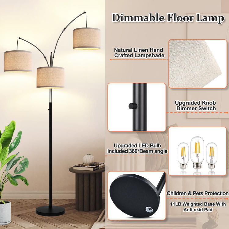 3-Light Dimmable Arc Floor Lamp with LED Bulbs - photo 4