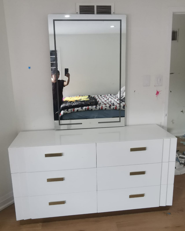 White Modern Bedroom Set - Queen Bed Frame & 6-Drawer Dresser