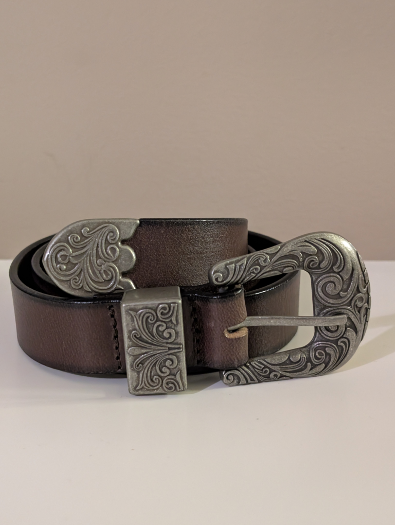 Brown Leather Belt with Ornate Silver Buckle