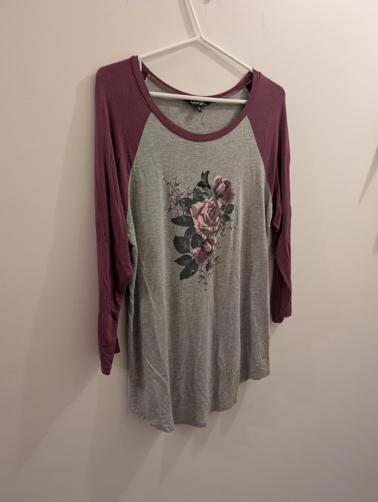 George Women's Grey and Burgundy Baseball Tee with Floral Print