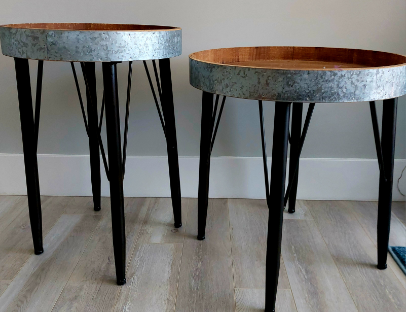Pair of Galvanized Metal and Wood Accent Tables