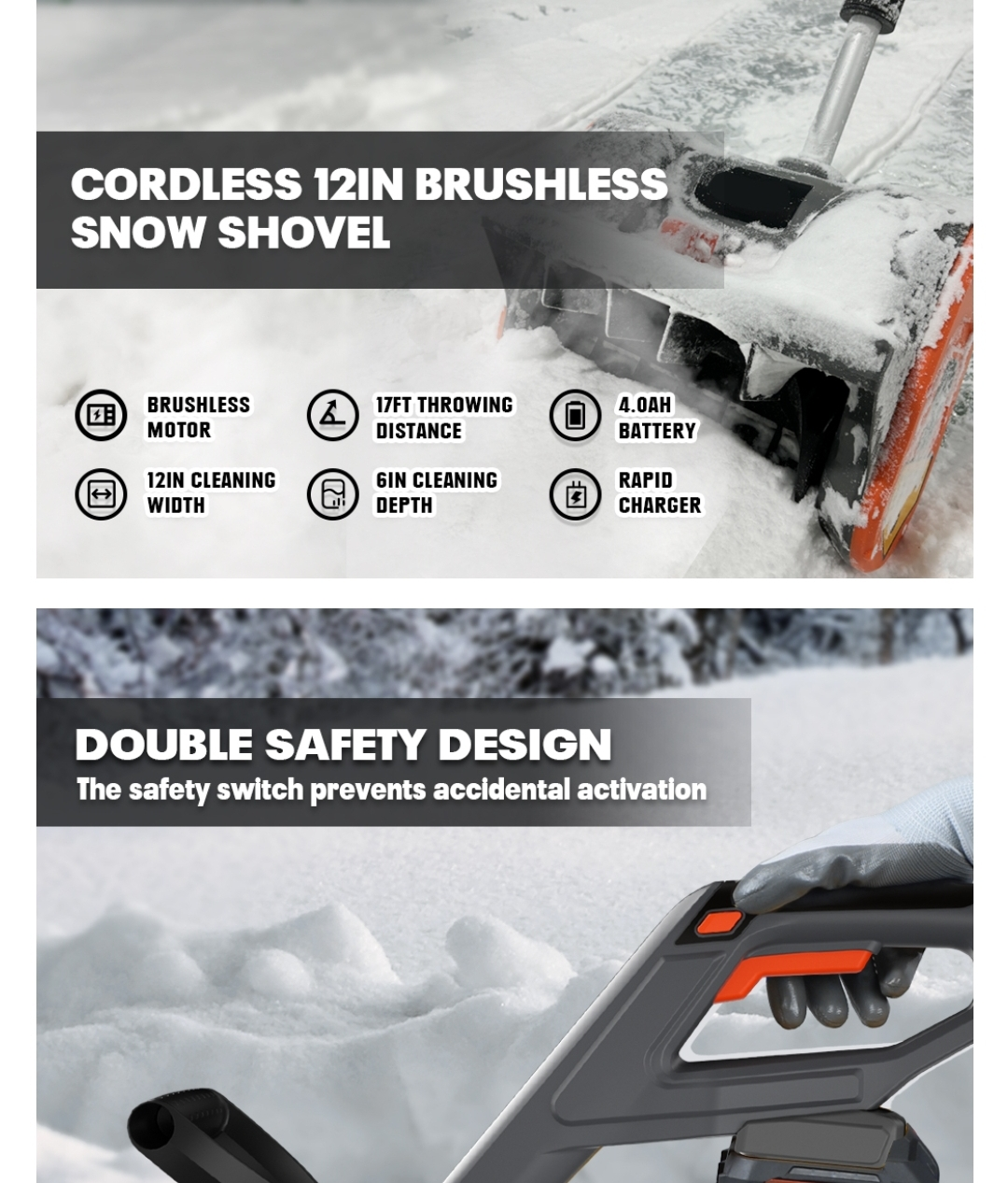 Cordless 12in Brushless Snow Shovel 4.0Ah Battery/Rapid Charger - photo 2