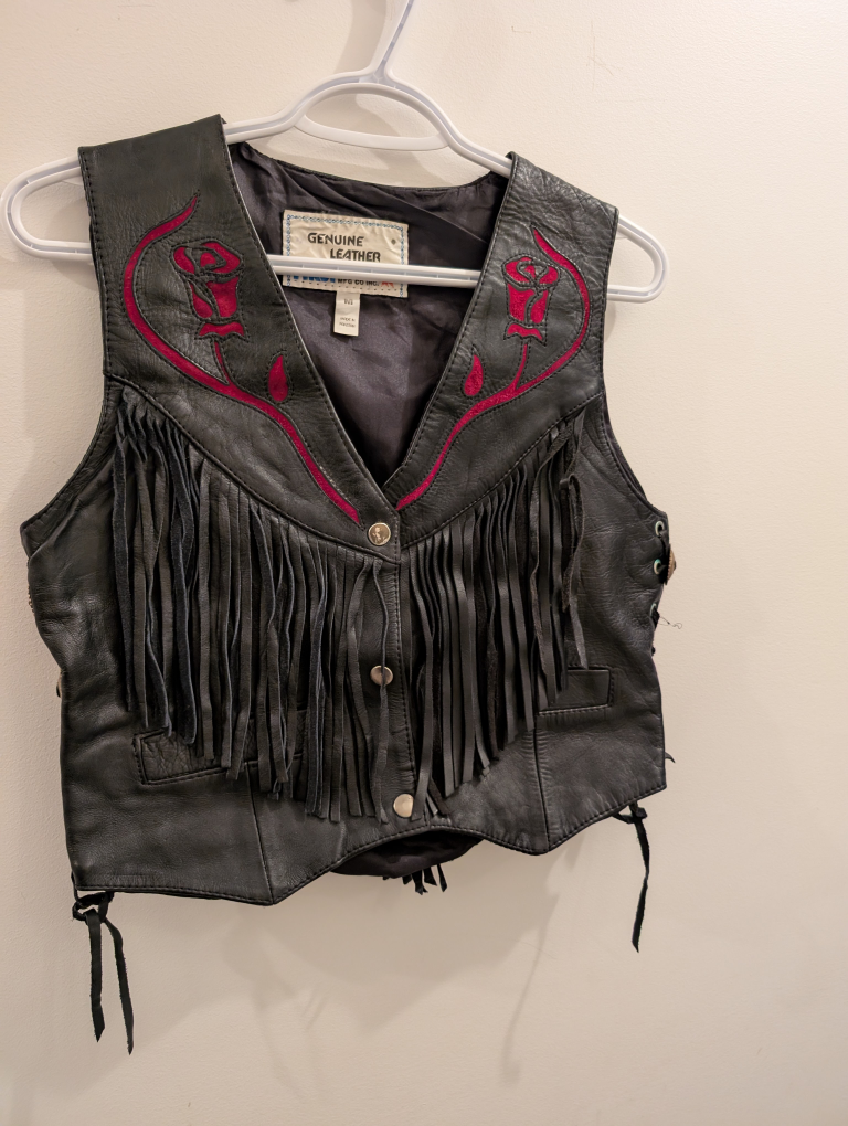 Genuine Leather Women's Vest with Rose Embroidery and Fringe