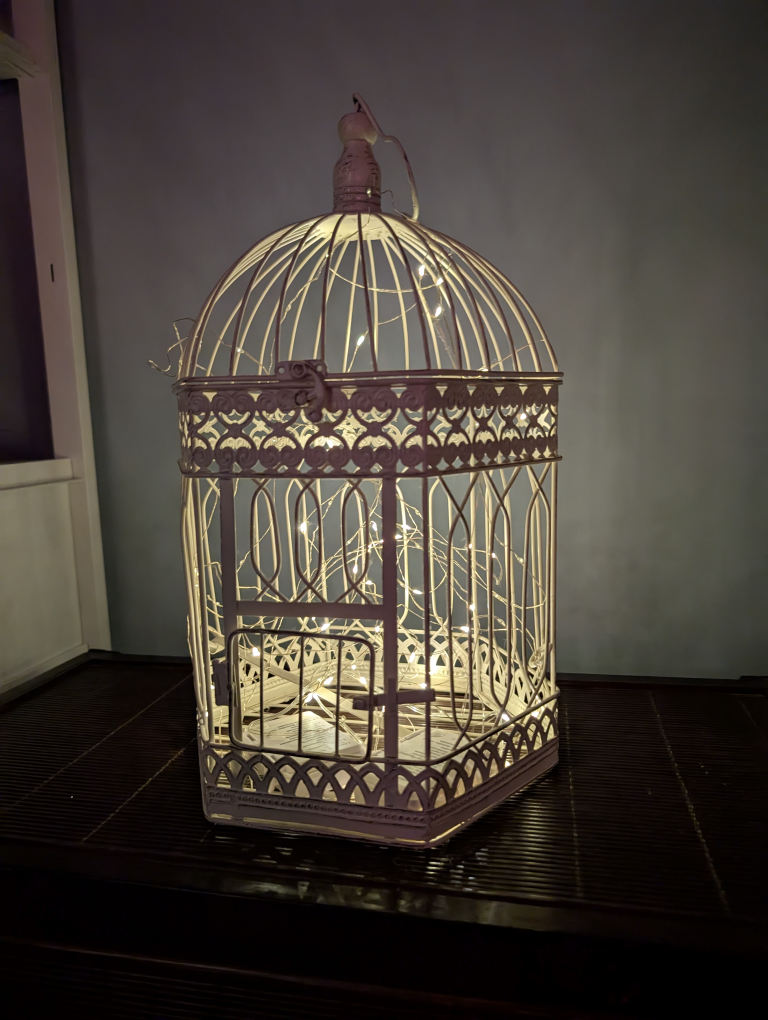 Ornate White Metal Birdcage with Lights