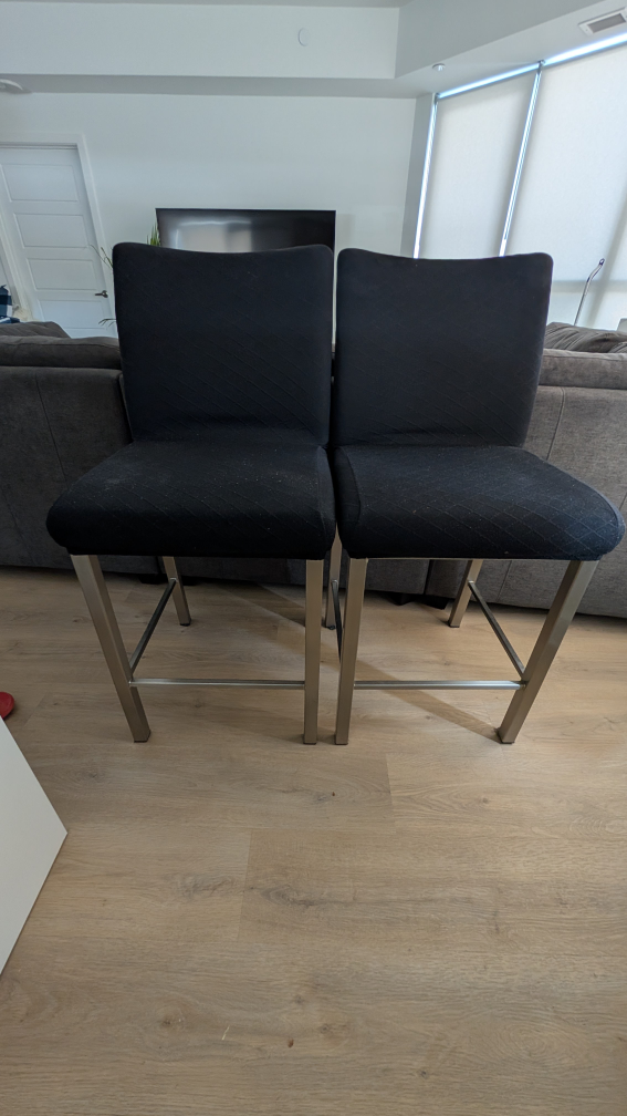 Pair of Black Fabric Bar Stools with Stainless Steel Legs