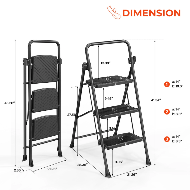 3-Step Ladder - Black Steel Step Stool