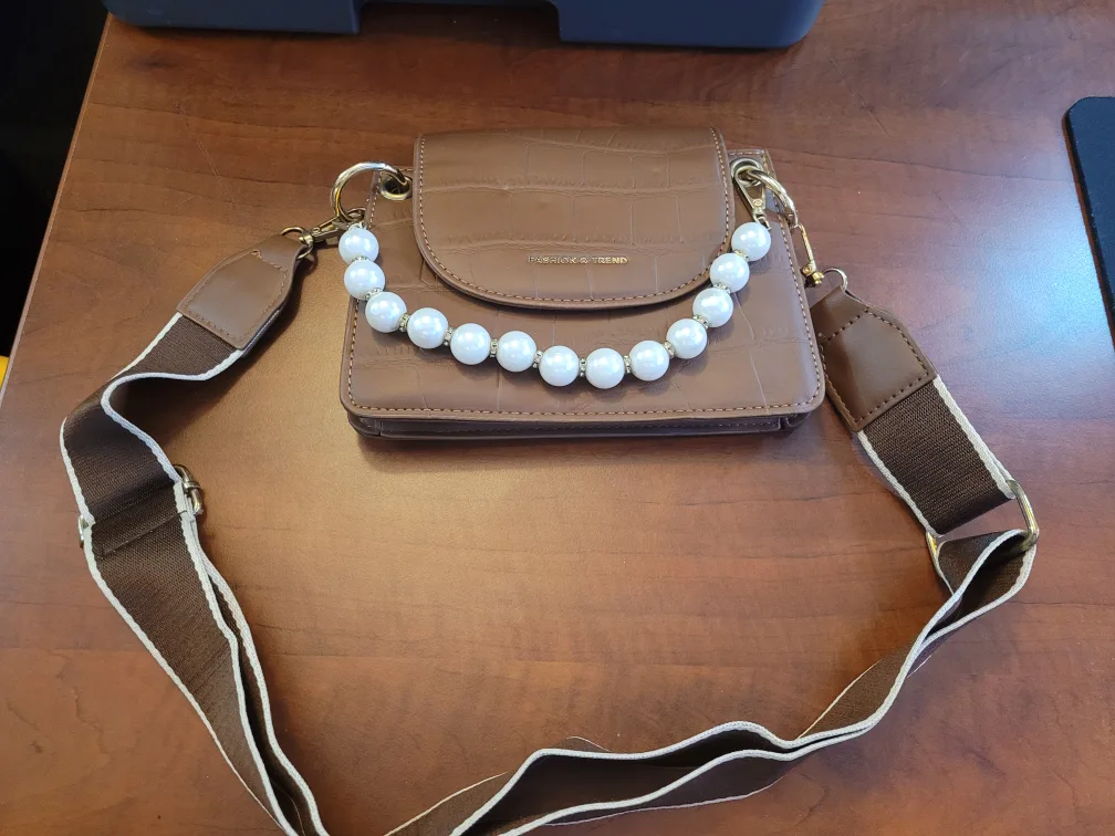 Brown Faux Crocodile Leather Crossbody Bag with Pearl Strap image indicator(6)