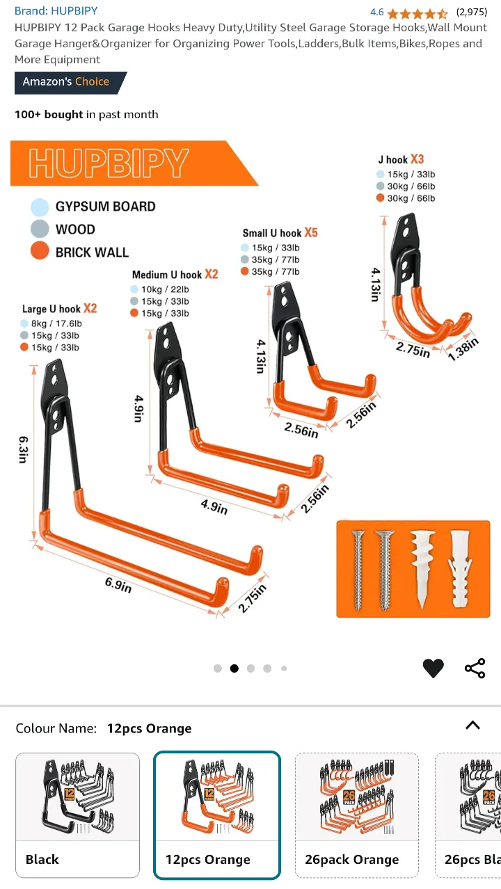 Heavy Duty Garage Storage Hooks - 12 Pack Orange Colour image indicator(2)