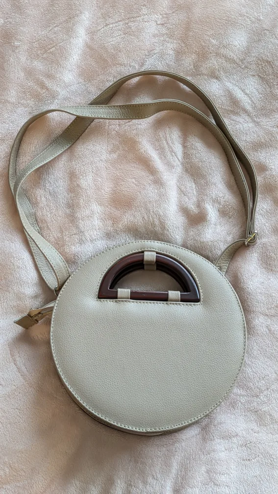 NEW Beige handmade leather embroidered mini round crossbody bag. image indicator(8)