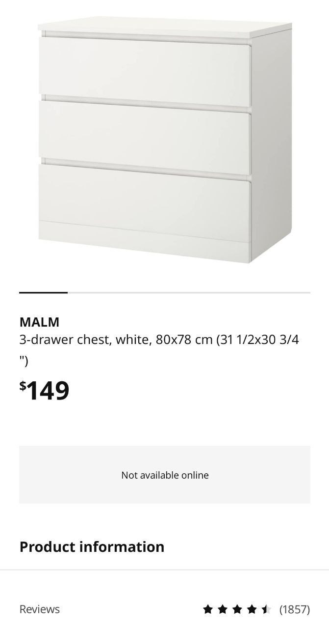 IKEA MALM 3-Drawer Chest - White