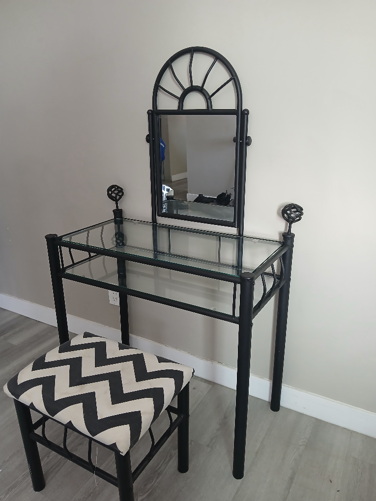 Black Metal Vanity Set with Glass Top and Stool