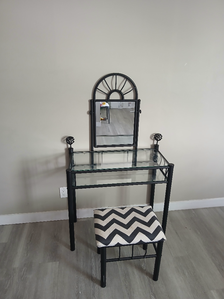 Black Metal Vanity Set with Glass Top and Stool - photo 2