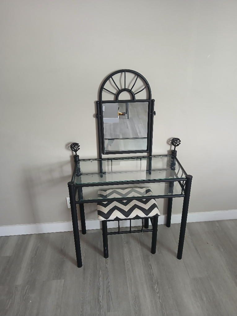 Black Metal Vanity Set with Glass Top and Stool - photo 3