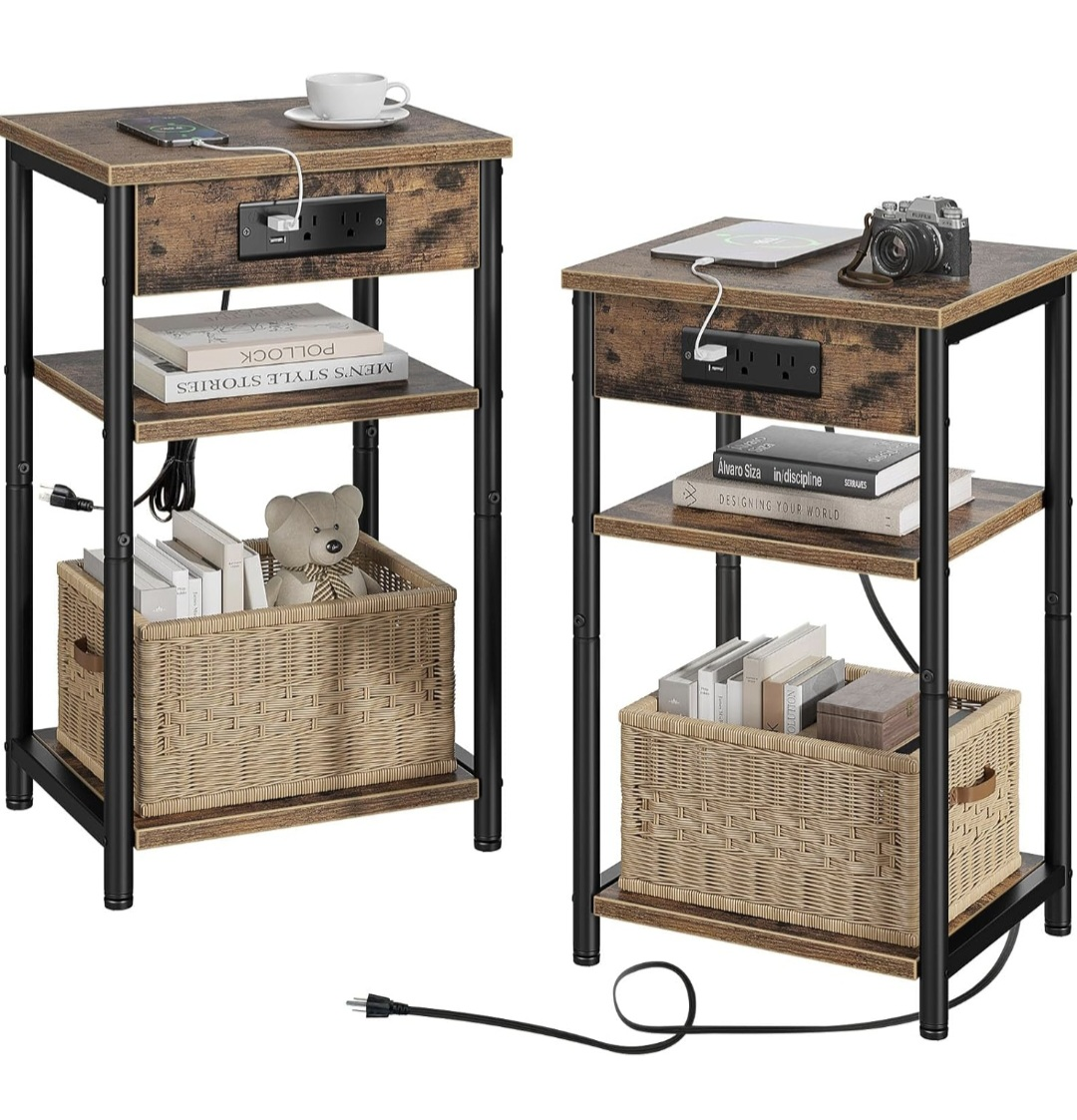 Rustic Brown Nightstand with Built-in Outlets & USB