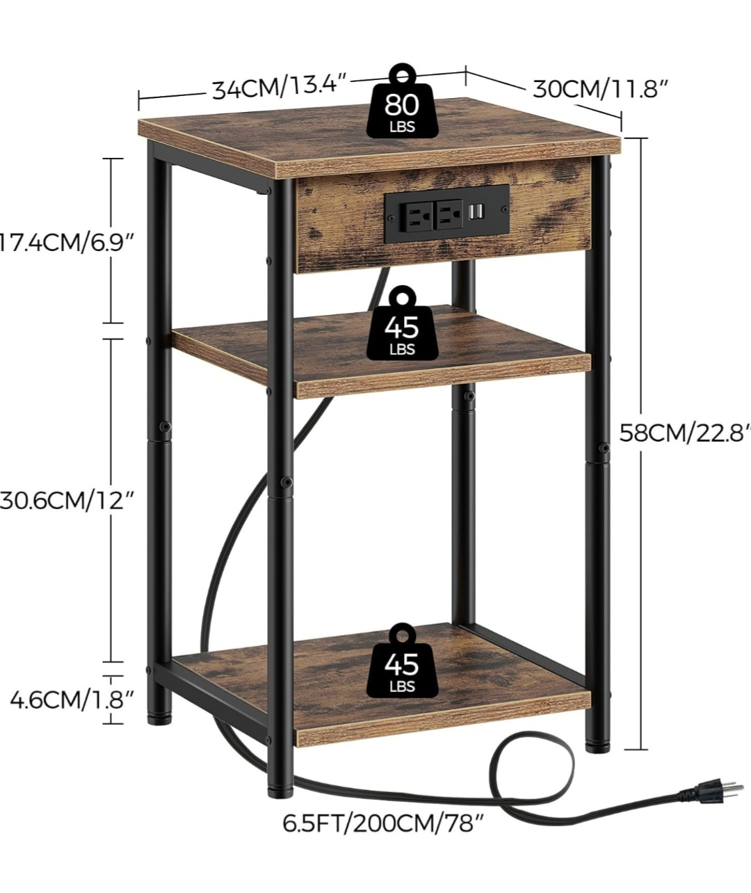 Rustic Brown Nightstand with Built-in Outlets & USB - photo 2