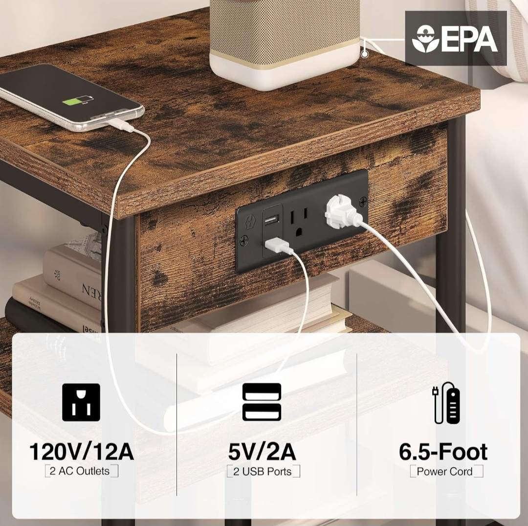 Rustic Brown Nightstand with Built-in Outlets & USB - photo 3