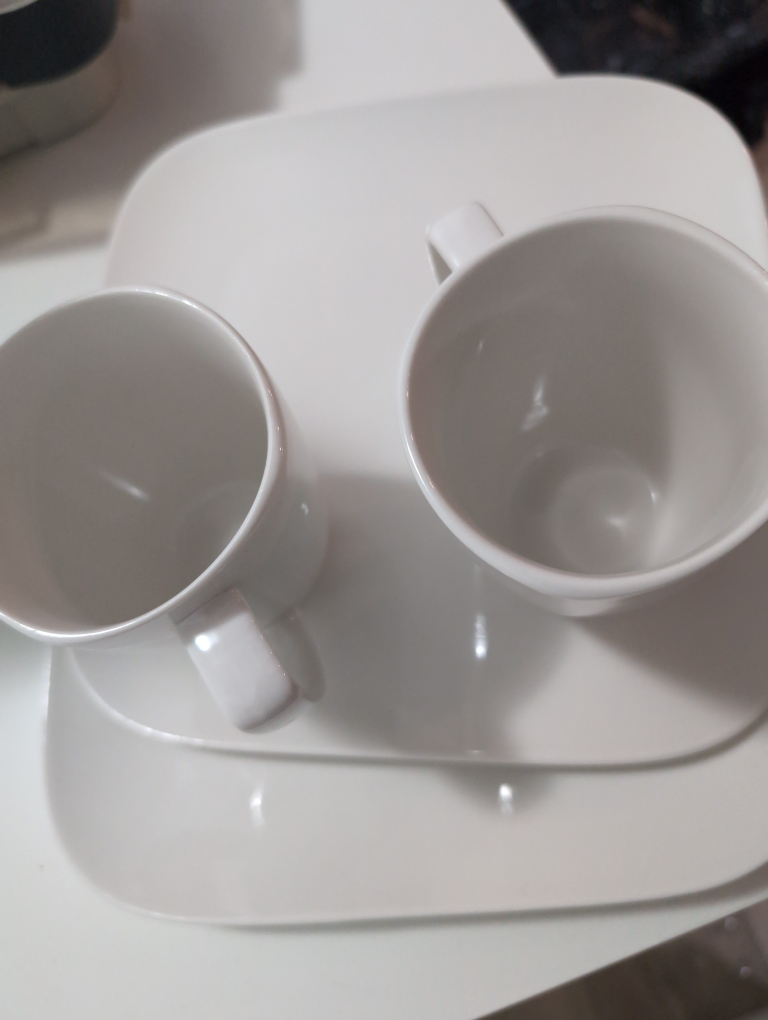 Two White Porcelain Mugs with Square Plates #freecycle