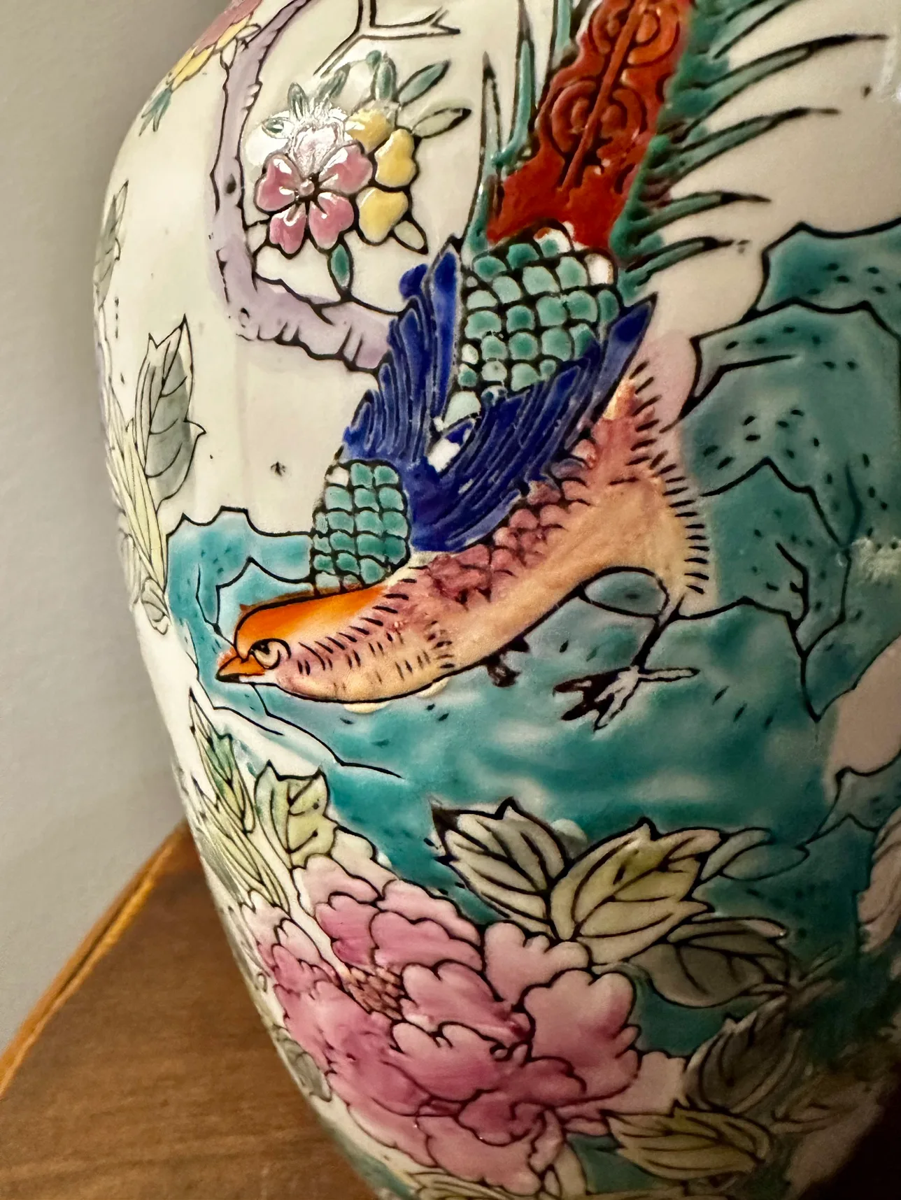 Vintage Porcelain Vase with Floral and Bird Design image indicator(7)