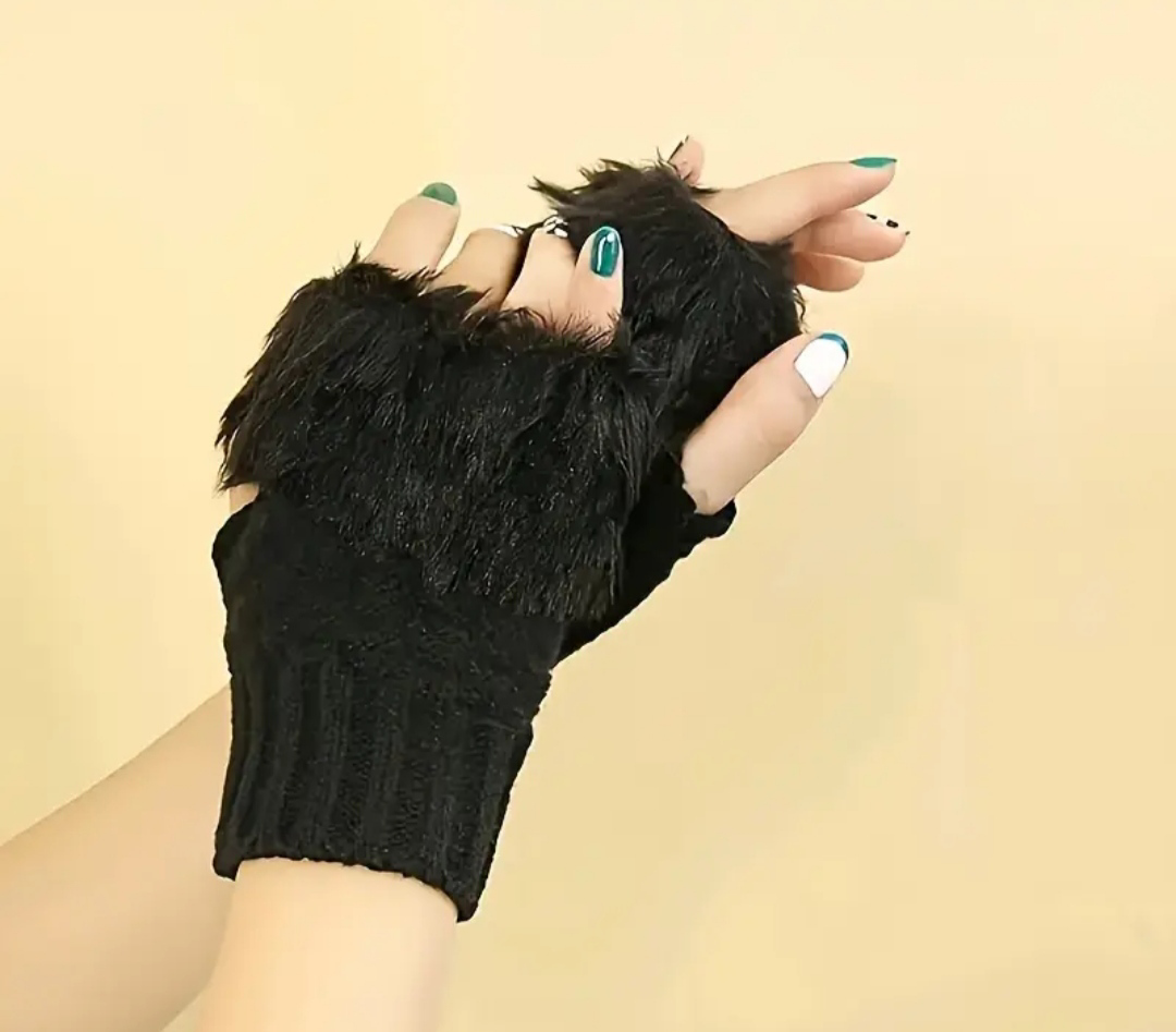 Knit Fingerless Gloves with Fuzzy Cuffs - photo 2