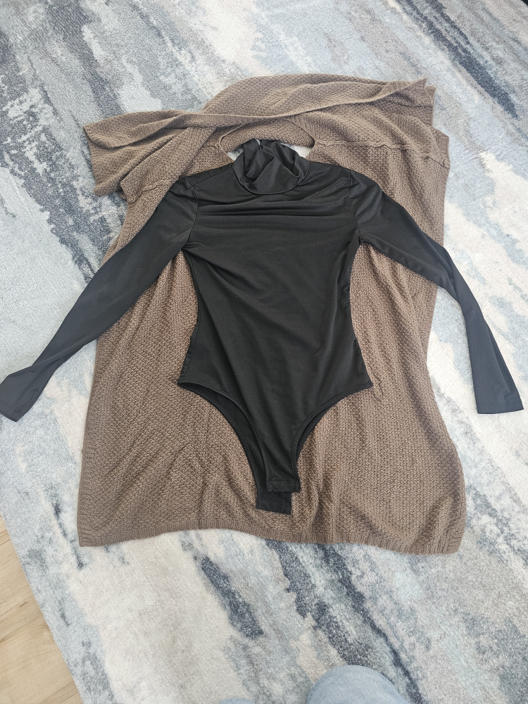 Black Bodysuit and Brown Knit Cardigan - photo 2