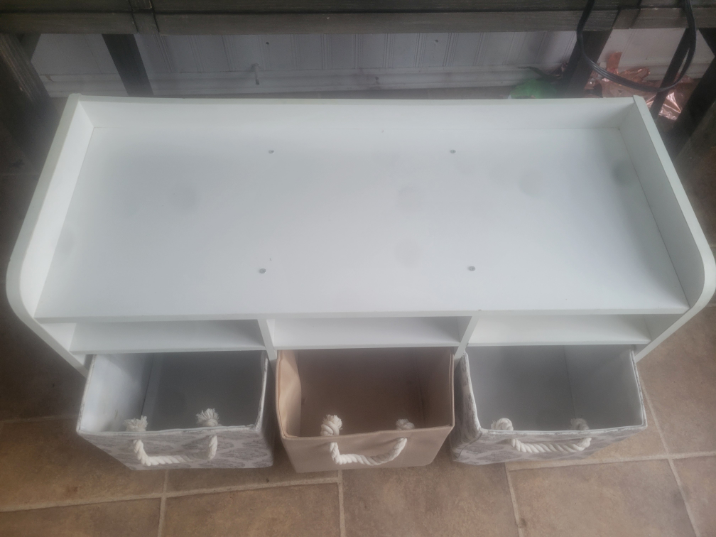 White Storage Bench with Cushioned Seat and Three Fabric Bins - photo 2