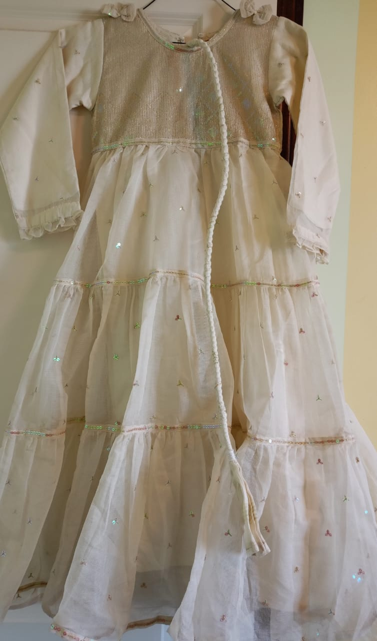 Girls' Formal Cream-Colored Tiered Dress with Sequins