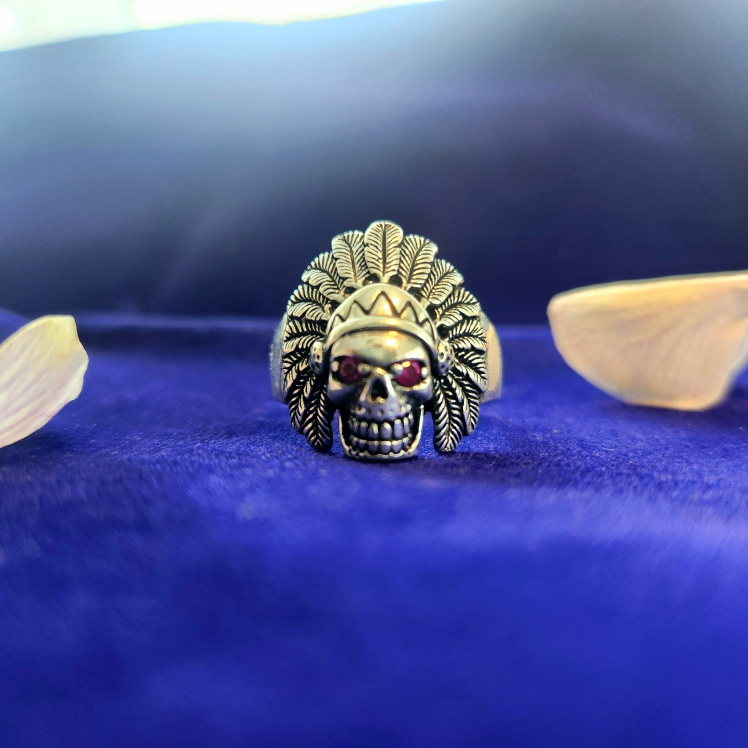 Sterling Silver Native American Skull Ring with Ruby Eyes