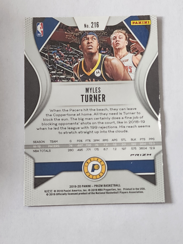 2019-20 Panini Prizm Myles Turner #216 Basketball Card 🏈 - photo 2