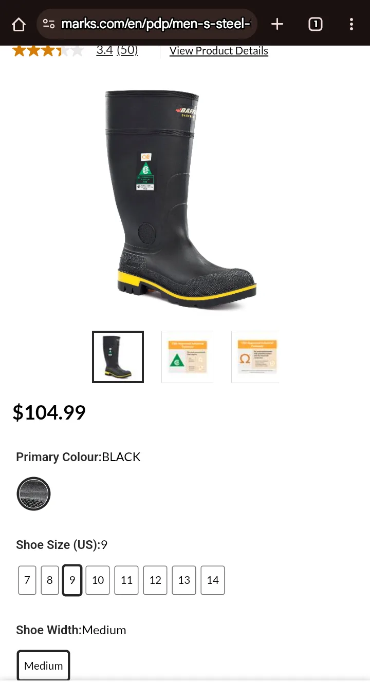 Men's Steel-Toe Rubber Boots - Size 9 - Marks Work Wearhouse thumbnail
