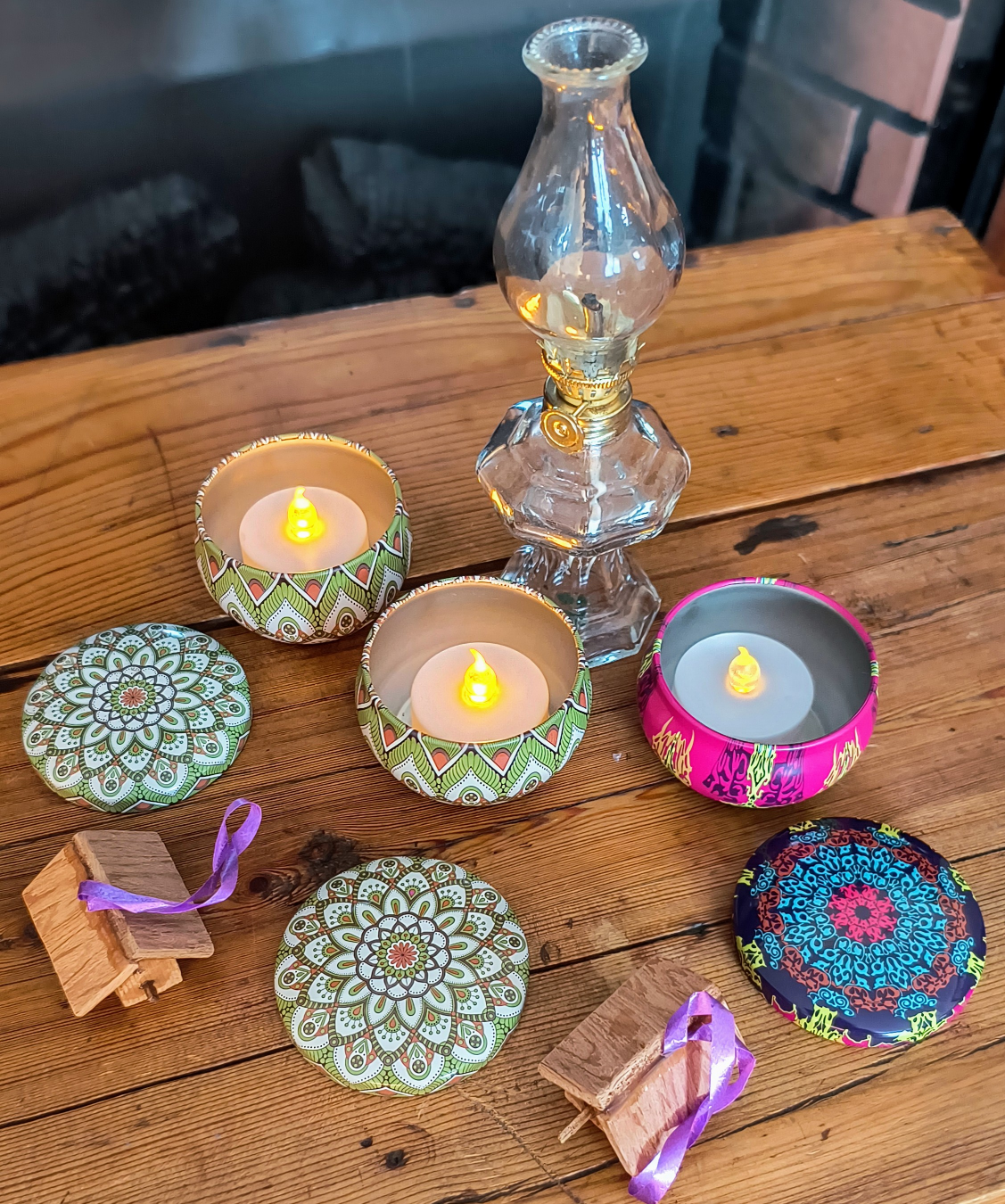 Three LED Candle Tins with Mandala Designs + Oil Lamp