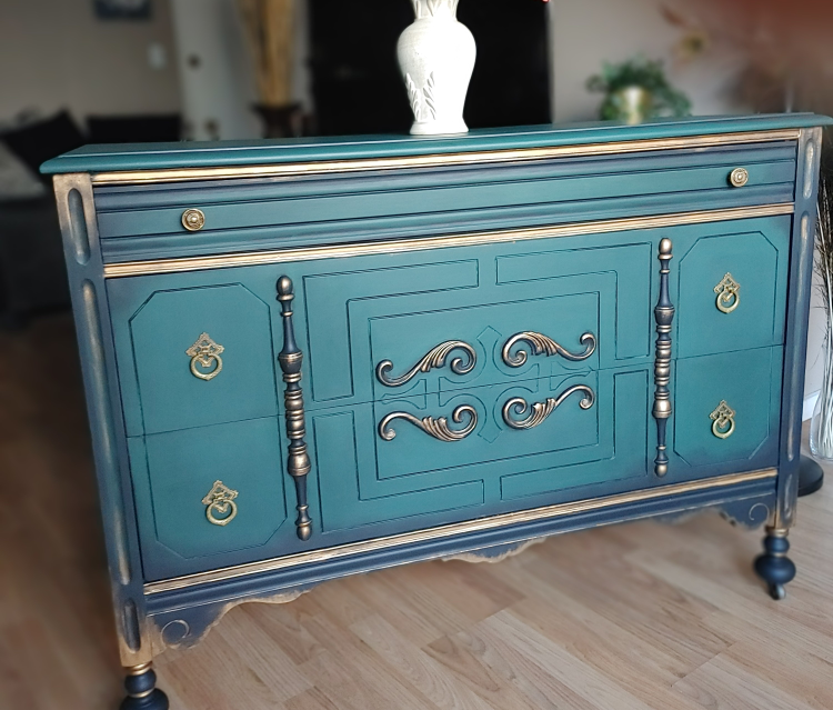 Vintage Dark Teal & Gold Dresser - photo 2