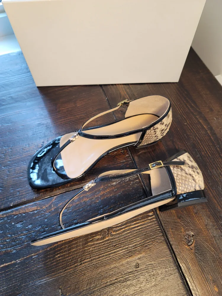 Black and Beige Phyton Leather Sandals, Size 37 image indicator(2)