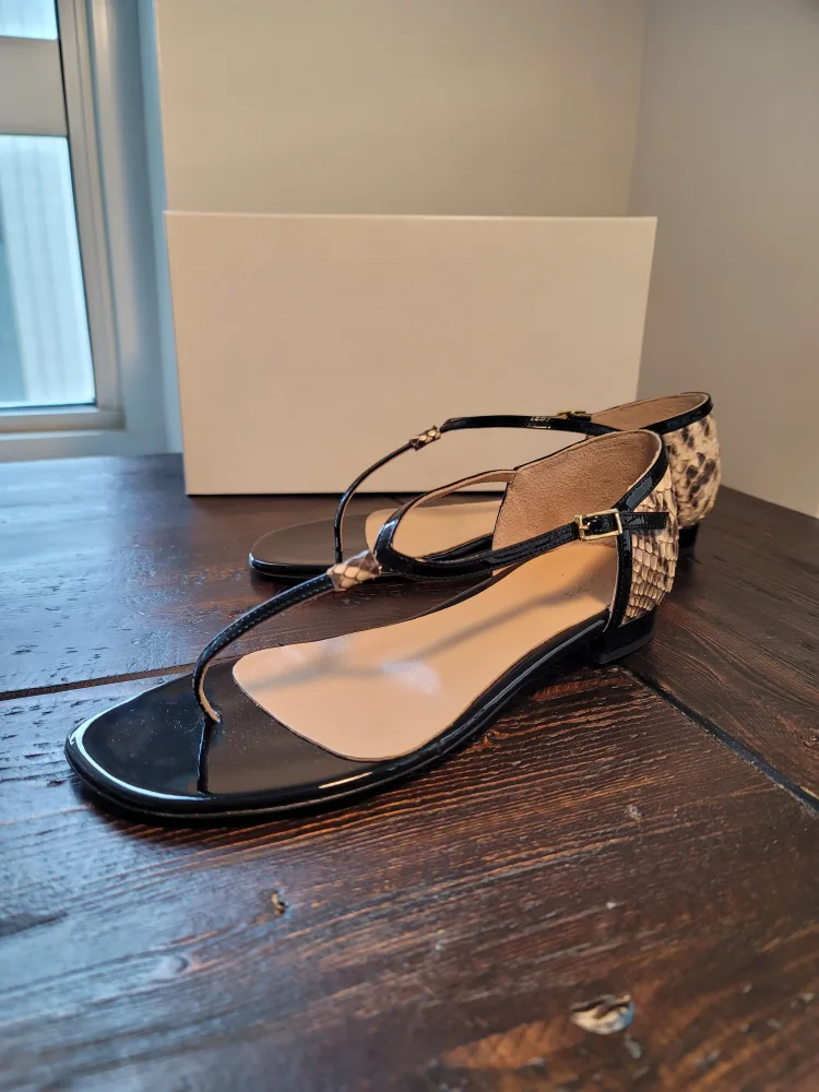 Black and Beige Phyton Leather Sandals, Size 37 image indicator(3)