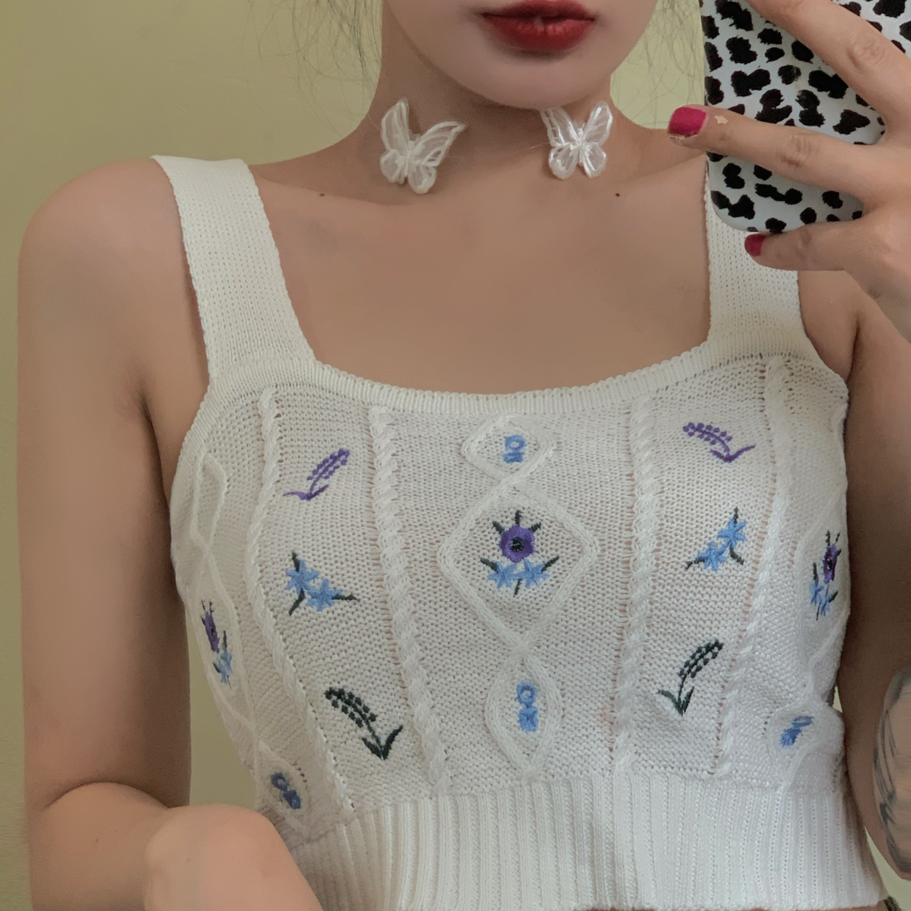 Cute White Knit Crop Tank Top