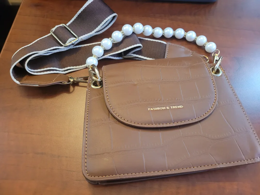 Brown Faux Crocodile Leather Crossbody Bag with Pearl Strap image indicator(2)