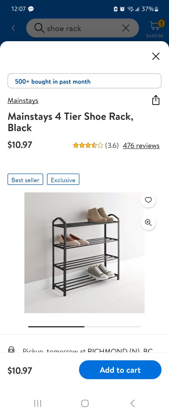 Mainstays 4-Tier Black Shoe Rack