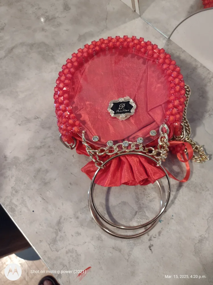Red Beaded Evening Bag with Gold Chain image indicator(2)