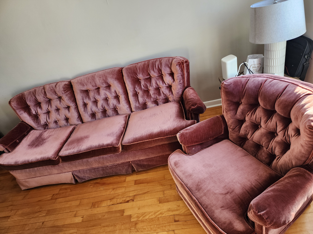 Vintage Pink Velvet Sofa and Chair Set