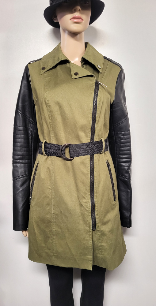 Olive Green & Black Moto-Style Trench Coat