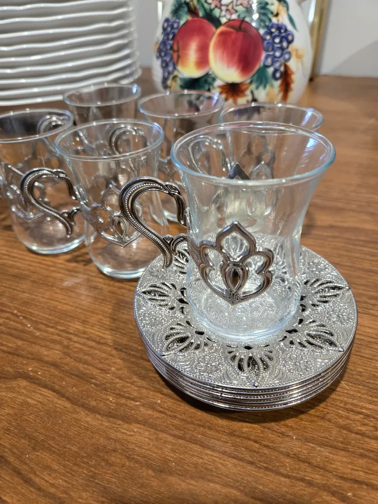 Set of Six Turkish Tea Glasses with Silver-Tone Coasters image indicator(2)