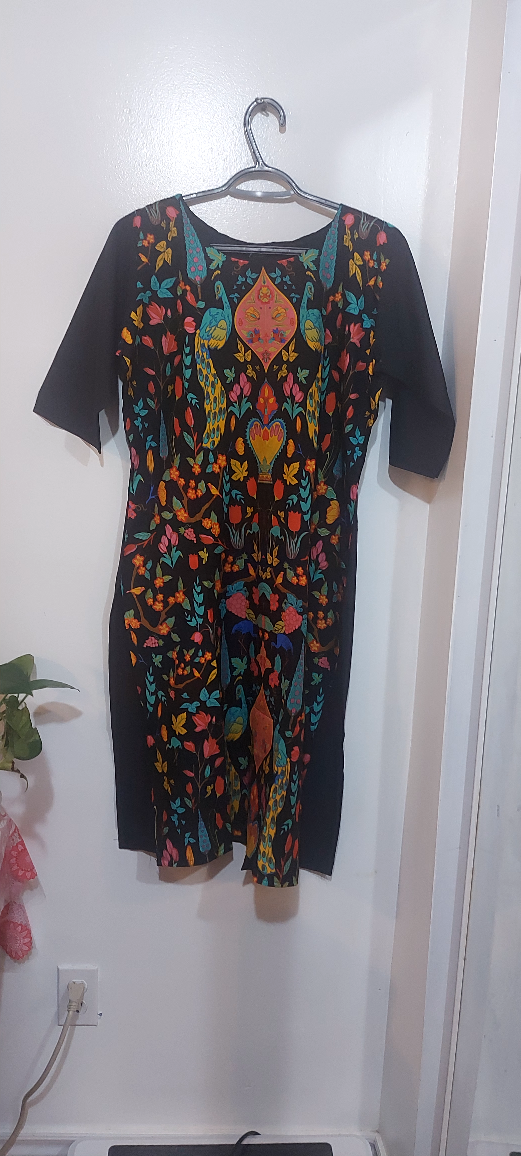 Black floral tunic with peacocks