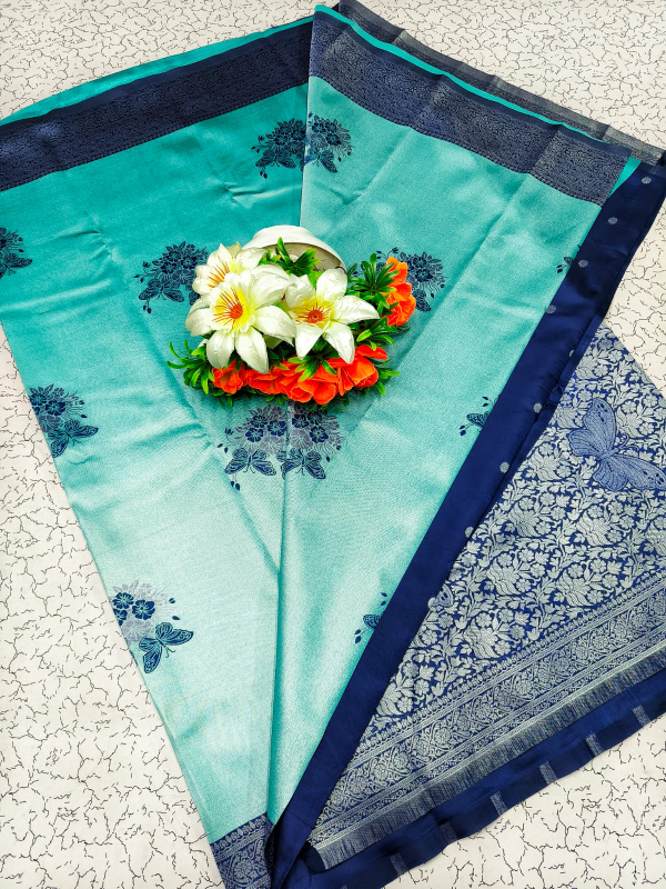 Beautiful Aqua Blue and Navy Banarasi Silk Saree