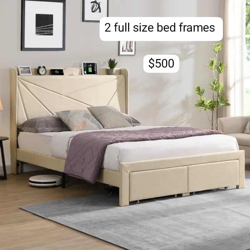 2 Full Size Upholstered Bed Frames with Storage