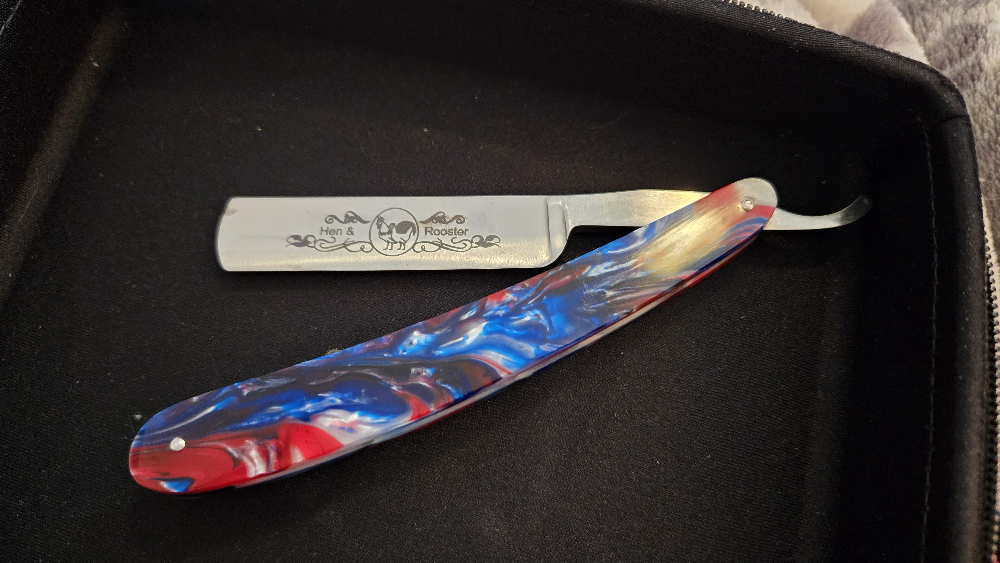 Hen & Rooster Straight Razor with Red, White, and Blue Handle
