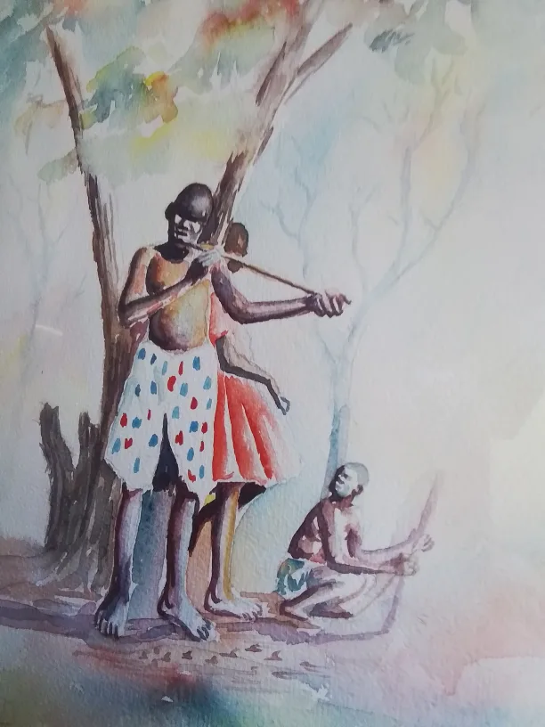 Framed Watercolor Painting of African scene Signed image indicator(4)