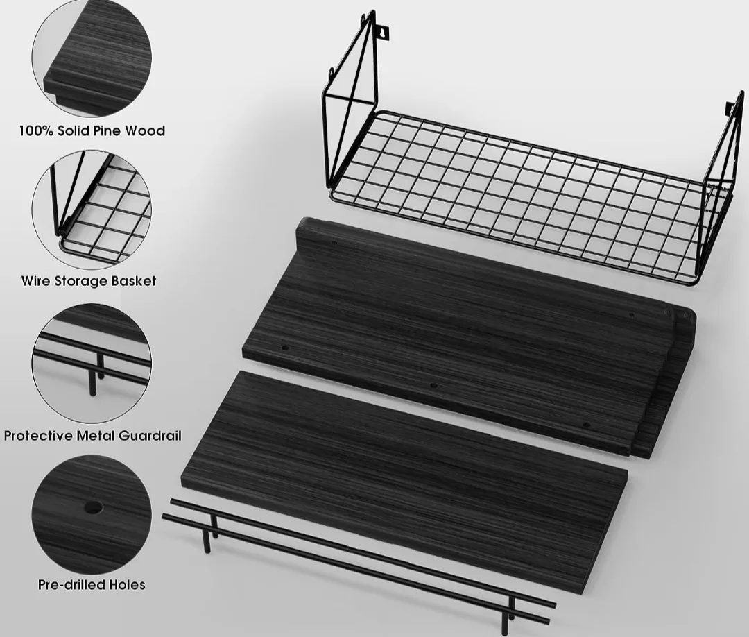 Wood Floating Shelves with Metal Guardrail and Storage Basket image indicator(2)