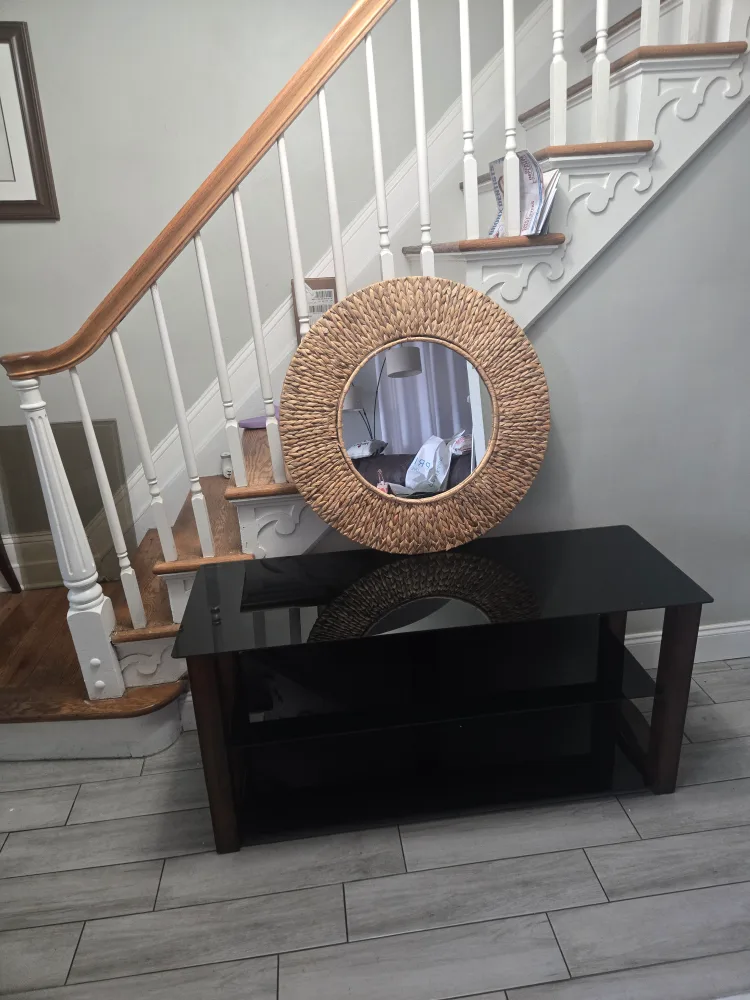 Black Glass TV Stand with Wood Accents image indicator(2)