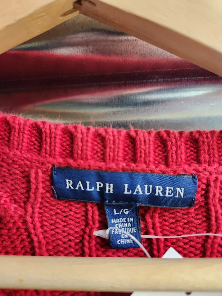 Ralph Lauren Red Cable Knit V-Neck Sweater image indicator(2)