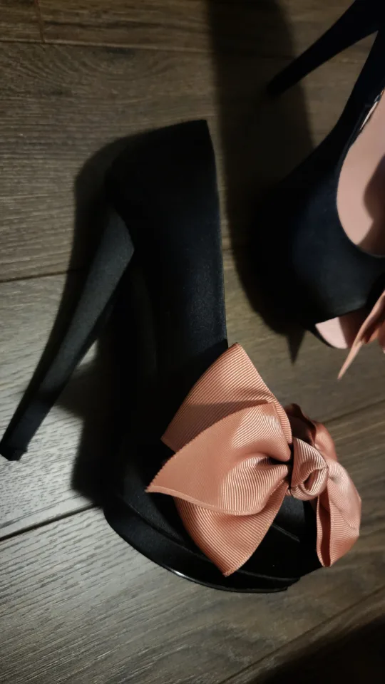 ALDO Black Satin open toe Heels with blush coloured Bow image indicator(3)